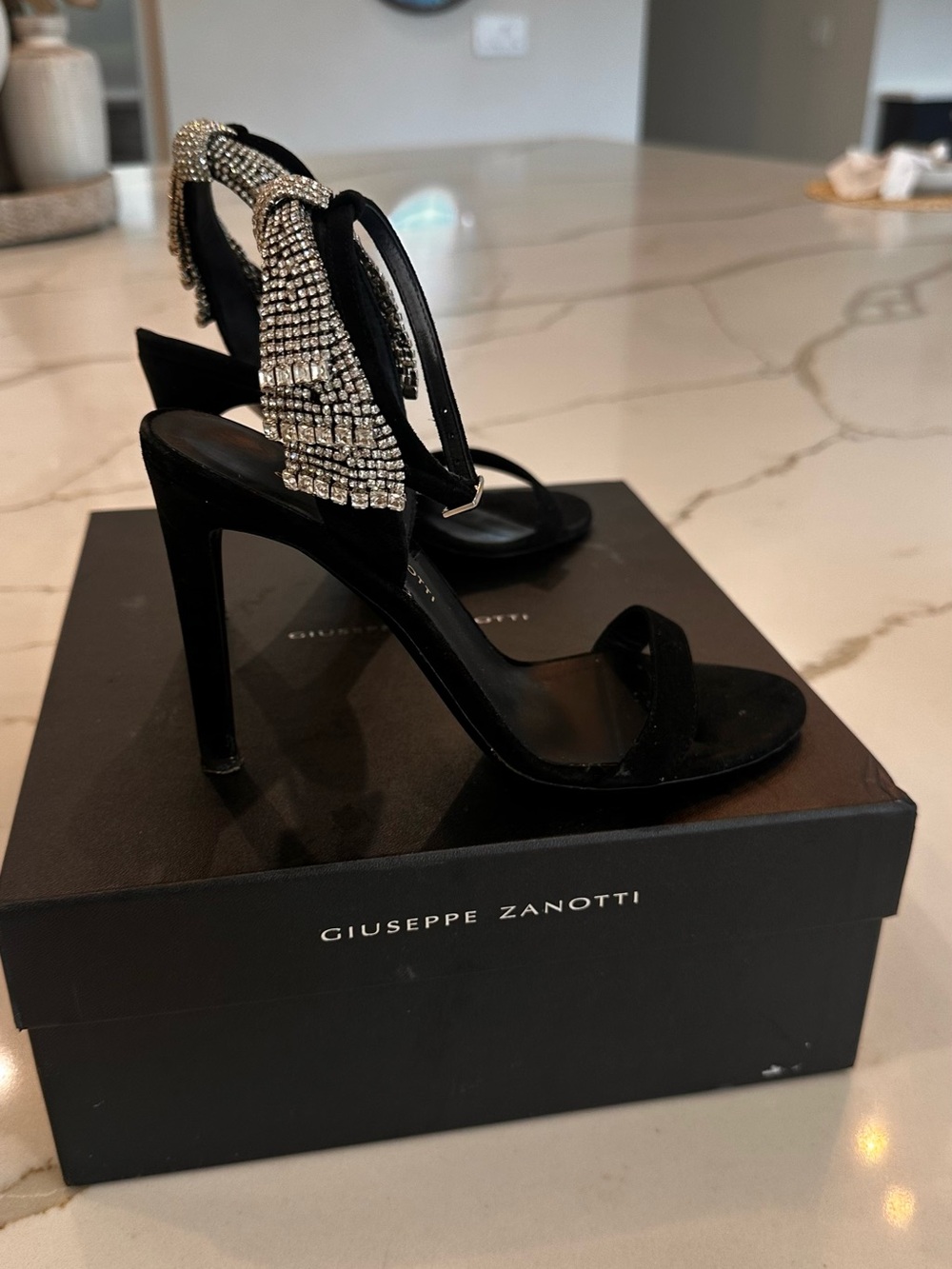 Giuseppe Zanotti Black Suede Stiletto Sandals with Crystal bow size 36